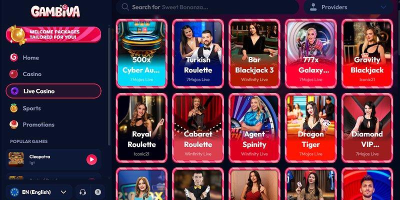Live casino options at Gambiva