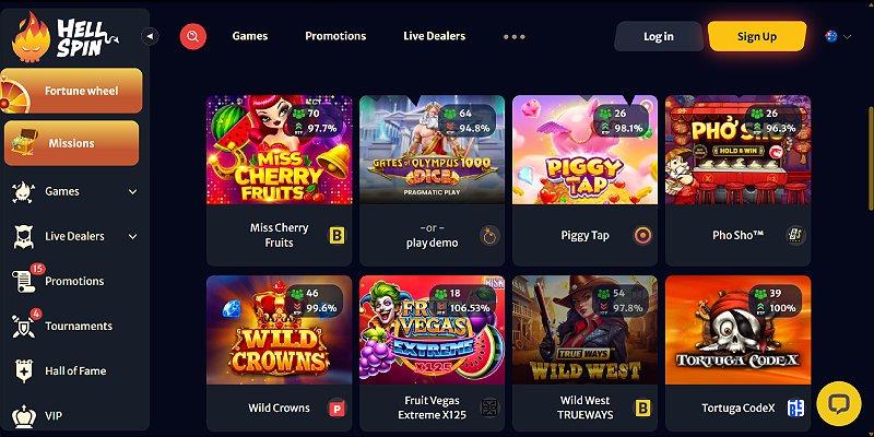 HellSpin casino lobby with featured pokies