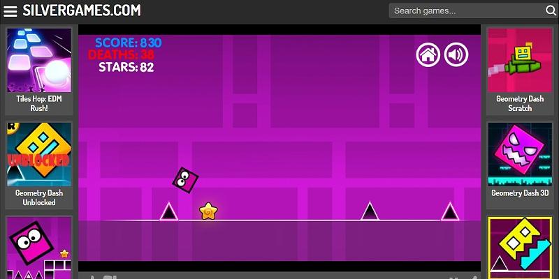 Screenshot of Geometry Dash with the cube mid-jump over a row of spikes