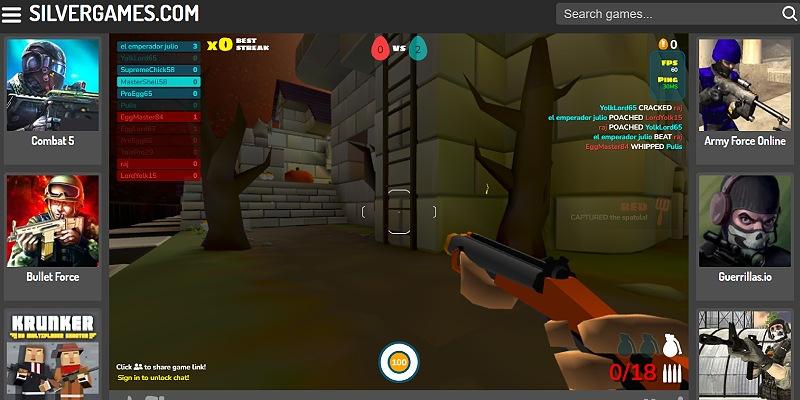 Shell Shockers browser game with a first-person view aiming at another egg player