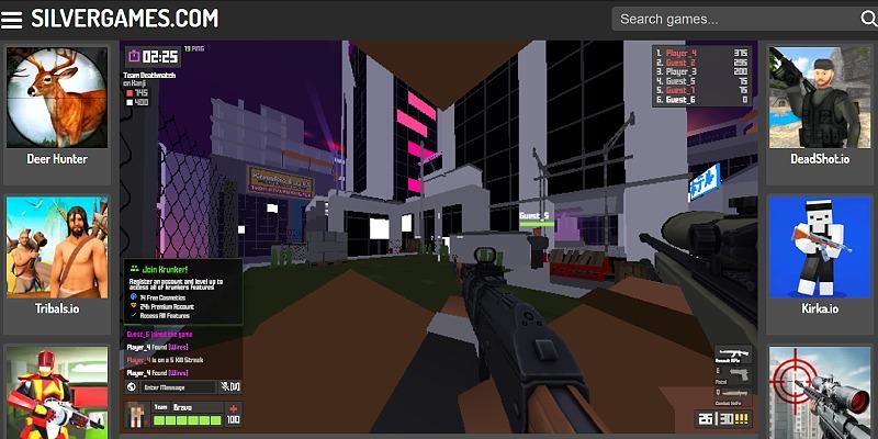 Krunker browser game with a first-person match and an opponent in the crosshair