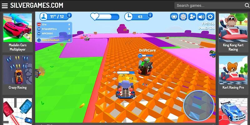 Online game Smash Karts with a kart firing a weapon at another kart in the arena