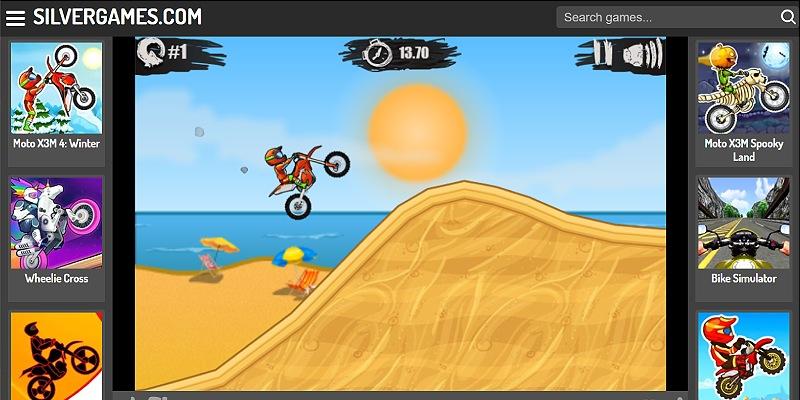 Browser game Moto X3M with the rider mid-flip over a ramp