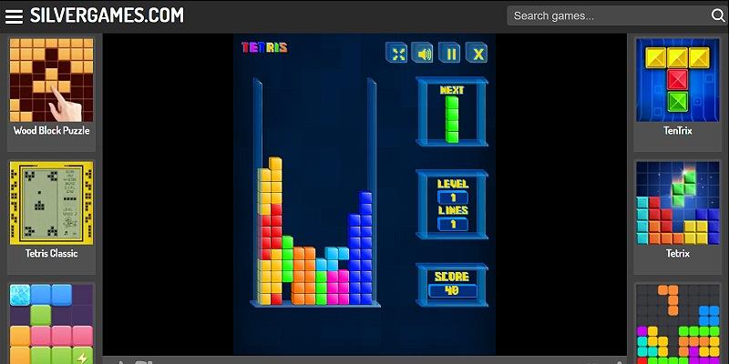 Tetris browser game with a stack of Tetriminos and a line about to clear