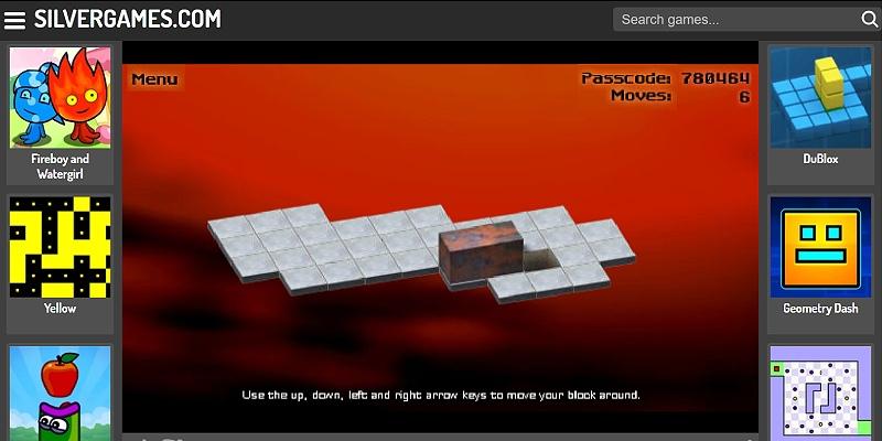 Bloxorz with the block standing upright on the tiled platform near the square exit hole