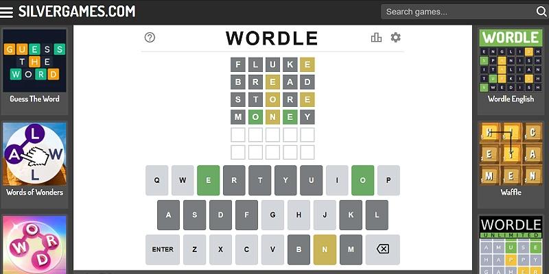Wordle browser game with several guesses showing the color-coded letter clues