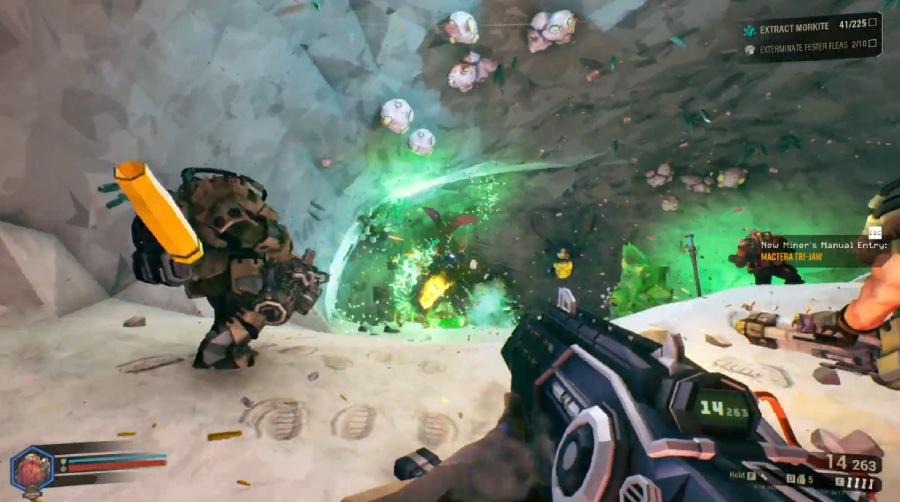 screenshot of Deep Rock Galactic gameplay, showing the dwarves fighting bugs in a cave lit by flares