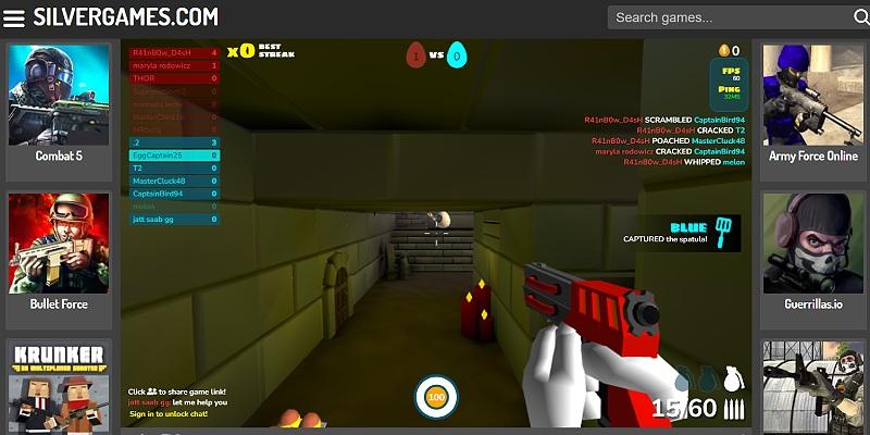 screenshot of Shell Shockers gameplay on Silvergames, showing egg characters shooting it out in a match