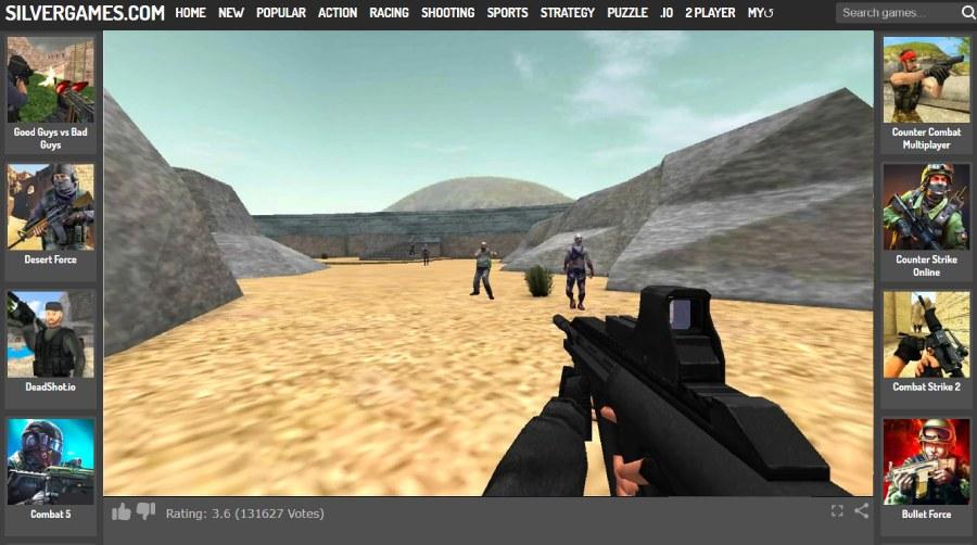 screenshot of CS Portable gameplay on Silvergames, showing the first-person view on a classic map