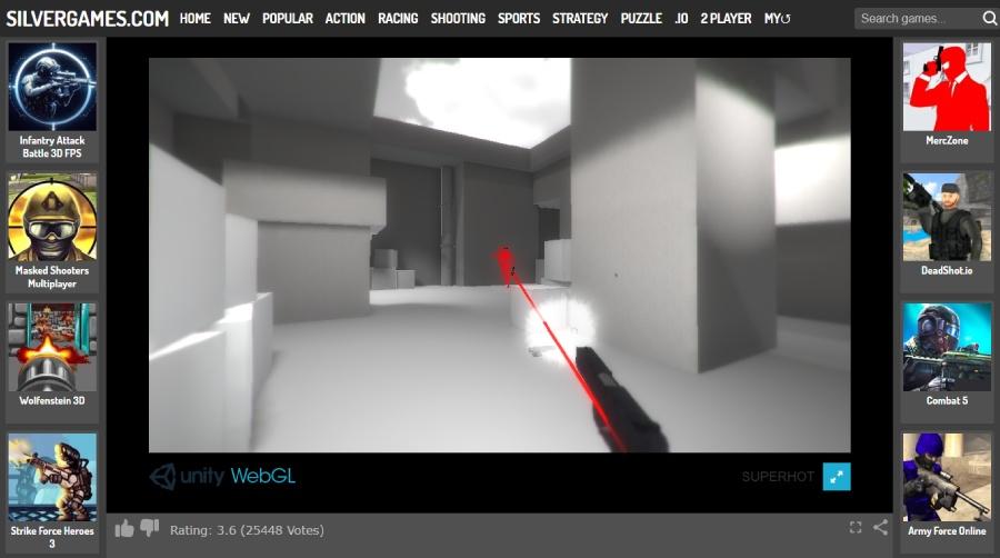 screenshot of SUPERHOT gameplay on Silvergames, showing the bullets frozen in slow motion