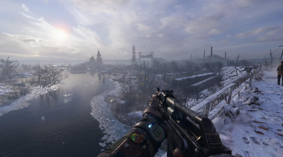 screenshot of Metro Exodus gameplay, showing the post-apocalyptic landscape
