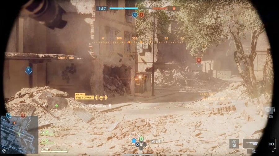 screenshot of Battlefield 6 gameplay, showing a large battle with a building collapsing