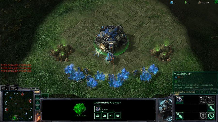 Screenshot of a StarCraft II multiplayer match: a Terran or Zerg base with an army on screen, minimap and resource counters visible