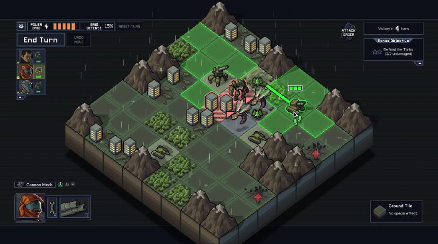 Screenshot of an Into the Breach battle on the 8x8 grid: three mechs, Vek enemies and their red attack indicators visible