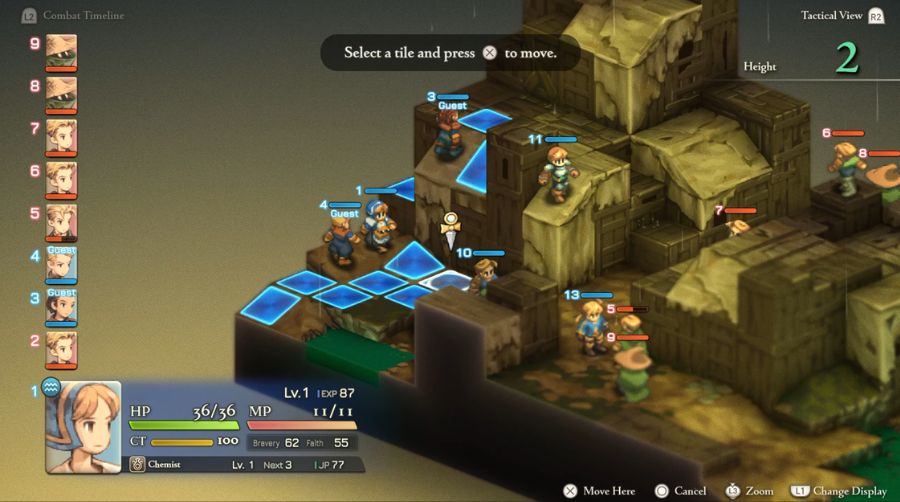 Screenshot of a Final Fantasy Tactics: The Ivalice Chronicles battle on an isometric map, with the unit's movement tiles highlighted