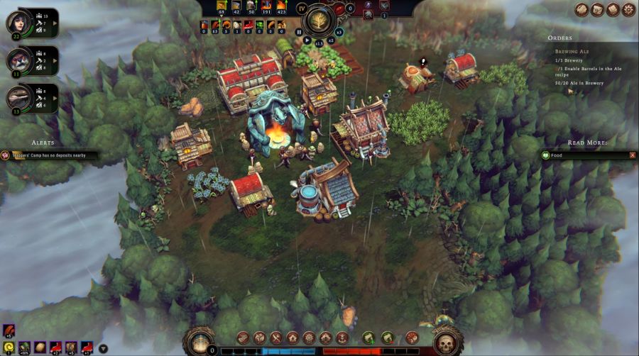 Screenshot of an Against the Storm settlement in the rainforest, with buildings, the reputation bar and the Queen's Impatience bar visible