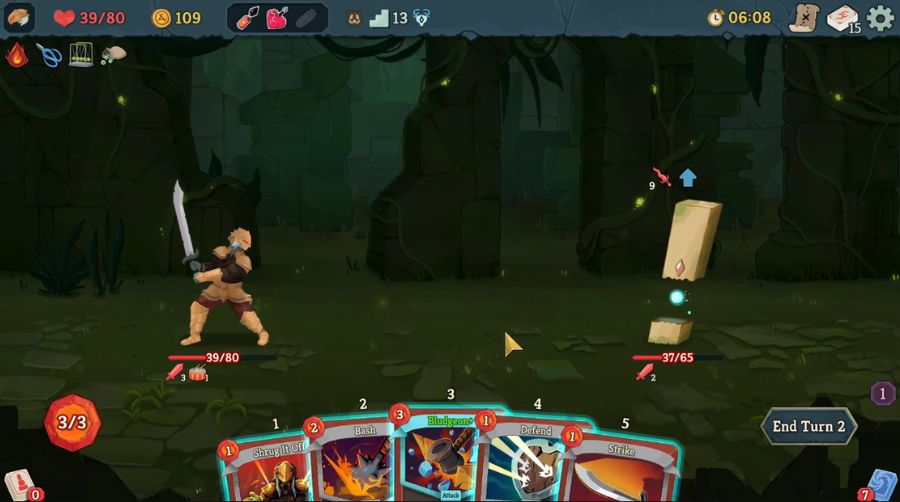 Screenshot of a Slay the Spire combat: a hand of cards, the player character and an enemy showing its intent icon