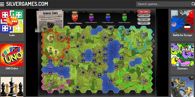 Screenshot of Hex Empire on Silvergames: the hex map with colored territories, armies and cities mid-game