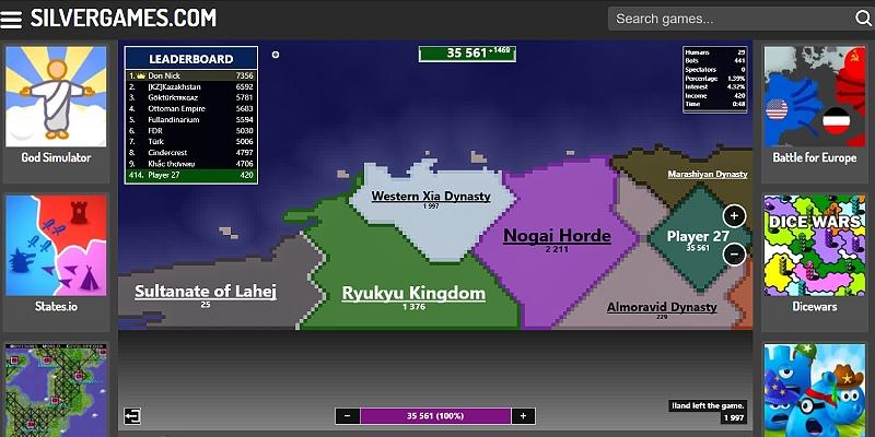 Screenshot of Territorial.io on Silvergames: the map split into colored player territories mid-match