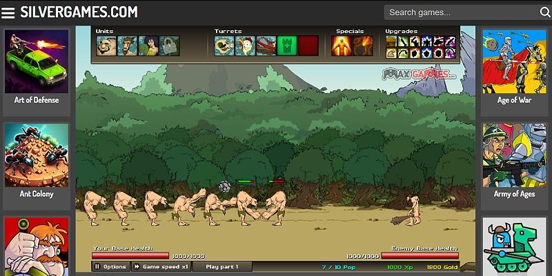 Screenshot of Age of War 2 on Silvergames: troops from both bases meeting in the middle of the lane