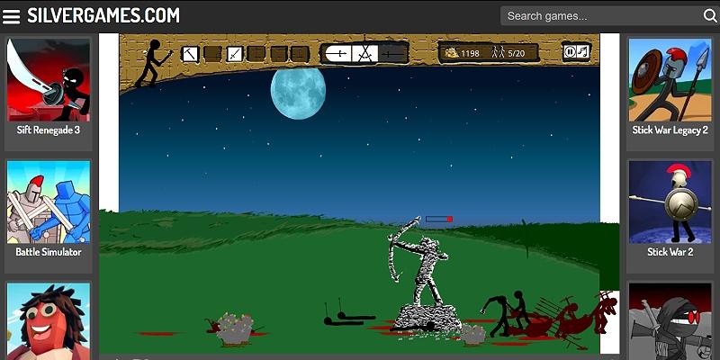 Screenshot of Stick War on Silvergames: stick-figure armies fighting, with gold miners and the statue visible