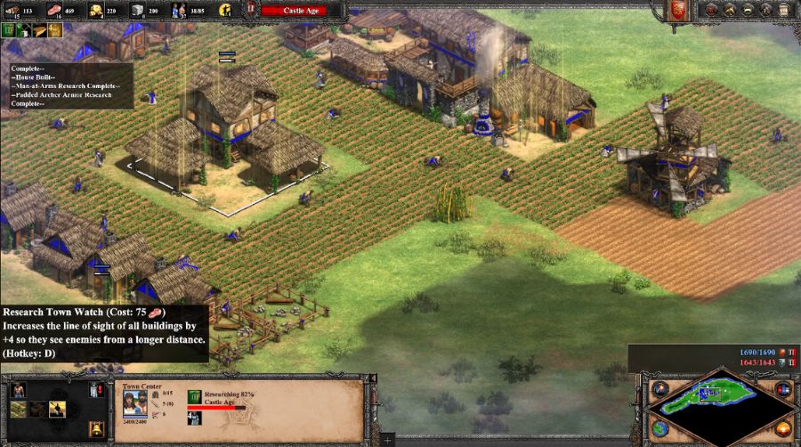 Screenshot of Age of Empires II: Definitive Edition: a town with villagers gathering resources and a castle, age indicator visible at the top