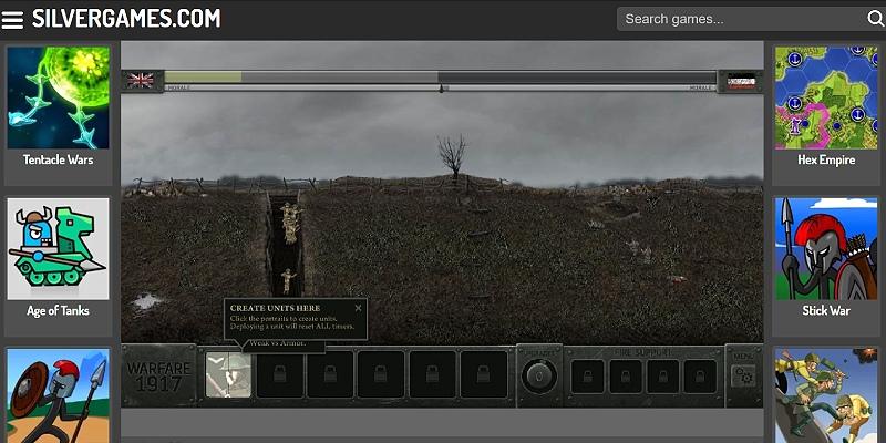 Screenshot of Warfare 1917 on Silvergames: soldiers advancing between trenches with the unit buttons visible