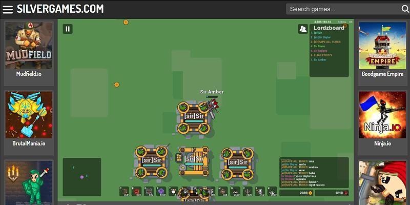 Screenshot of Lordz.io on Silvergames: the player's army of soldiers and knights on the map, with the leaderboard visible