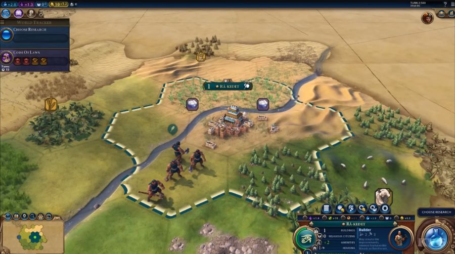 Screenshot of Civilization VI: a city with several districts on the hex map, top bar with science/culture/gold visible