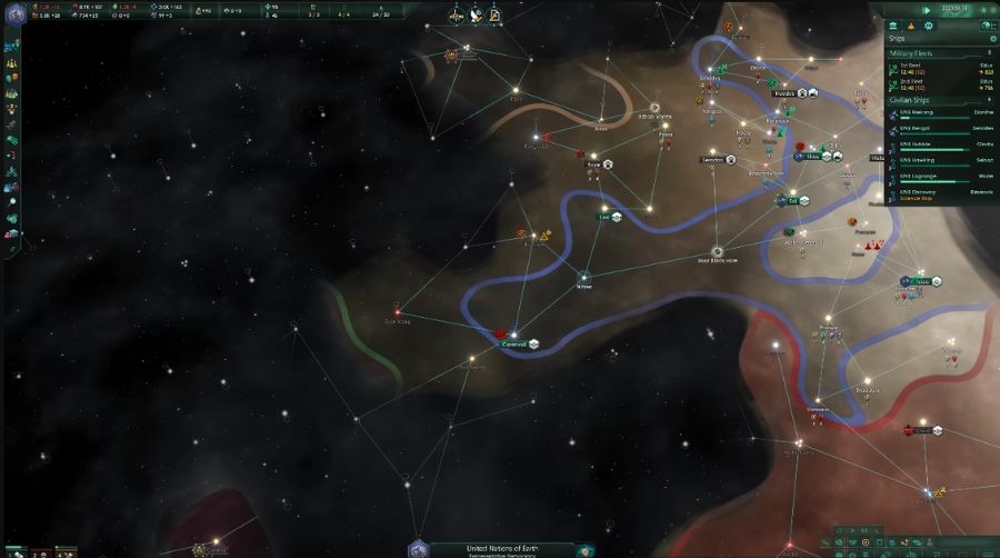 Screenshot of the Stellaris galaxy map with several empires' borders, or a fleet in a star system