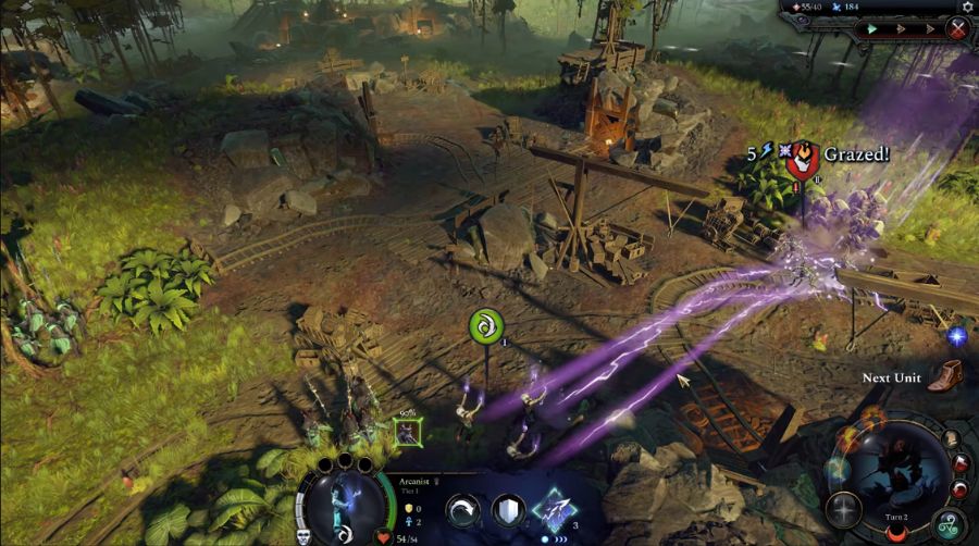 Screenshot of an Age of Wonders 4 tactical battle on the hex grid, with units from two armies facing off