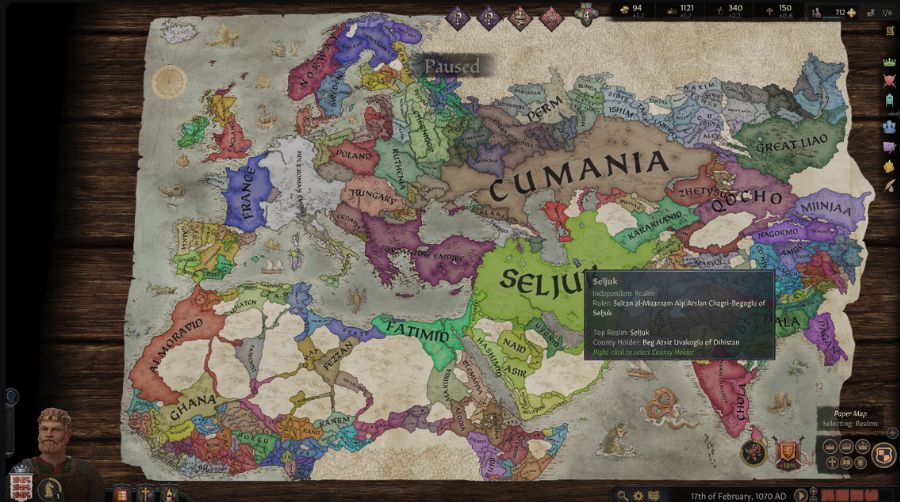 Screenshot of Crusader Kings III: the character screen of a ruler showing portrait, traits and family tree, or the medieval map with realm borders