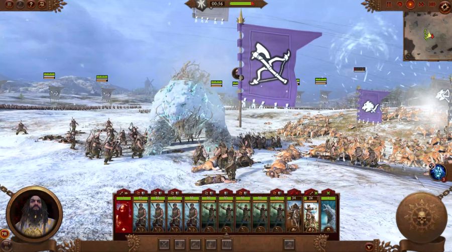 Screenshot of a Total War: Warhammer III real-time battle with large armies, monsters or flying units clashing